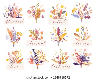 Cute and elegant vector floral bouquets. Pastel tone plant compositions and badges. Spring autumn winter Christmas stylish emblems and logo design elements.