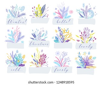 Cute and elegant vector floral bouquets. Pastel tone plant compositions and badges. Spring autumn winter Christmas stylish emblems and logo design elements.