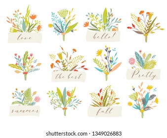 Cute and elegant vector floral bouquets. Pastel tone plant compositions and badges. Summer spring and autumn stylish emblems and logo design elements.
