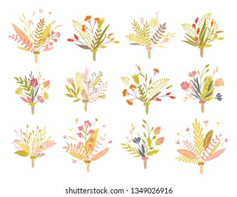 Cute and elegant vector floral bouquets. Pastel tone plant compositions. Summer spring and autumn stylish bouquets.