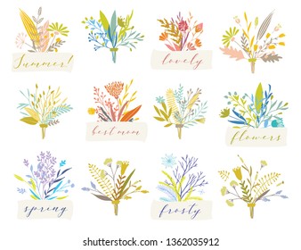 Cute and elegant vector floral bouquets. Pastel tone plant compositions and badges. Summer spring and autumn stylish emblems and logo design elements.
