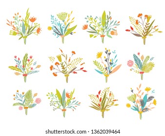 Cute and elegant vector floral bouquets. Pastel tone plant compositions. Summer spring and autumn stylish bouquets.