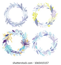 Cute and elegant vector floral Christmas round frames. Pastel tone plant circle badges and emblems. Winter, autumn and spring wreaths. Wedding invitation decorative elements.