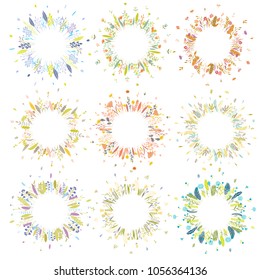Cute and elegant vector floral round frames. Pastel tone plant circle badges and emblems. Summer spring autumn winter Christmas wreaths.