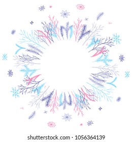 Cute and elegant vector floral round frame. Pastel tone plant circle badge and emblem. Christmas wreath.