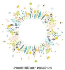 Cute and elegant vector floral round frame. Pastel tone plant circle badge and emblem. Summer and spring wreath.