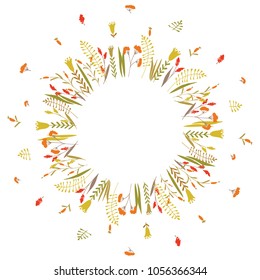 Cute and elegant vector floral round frame. Pastel tone plant circle badge and emblem. Summer and autumn wreath.