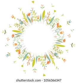 Cute and elegant vector floral round frame. Pastel tone plant circle badge and emblem. Summer and spring wreath.