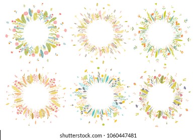 Cute and elegant vector floral round frames. Pastel tone plant circle badges and emblems. Summer autumn and spring wreaths.