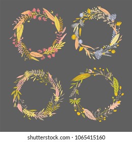 Cute and elegant vector floral round frames. Pastel tone plant circle badges and emblems. Summer, autumn and spring wreaths. Wedding invitation decorative elements.