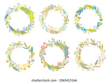 Cute and elegant vector floral round frames. Pastel tone plant circle badges and emblems. Summer, autumn and spring wreaths. Wedding invitation decorative elements.