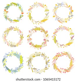 Cute and elegant vector floral round frames. Pastel tone plant circle badges and emblems. Summer, autumn and spring wreaths. Wedding invitation decorative elements.