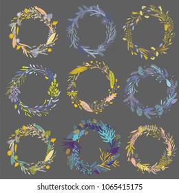 Cute and elegant vector floral round frames. Pastel tone plant circle badges and emblems. Summer autumn spring and winter wreaths. Wedding invitation decorative elements.