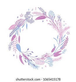 Cute and elegant vector floral round frame. Pastel tone plant circle winter badge and emblem. Christmas wreath.