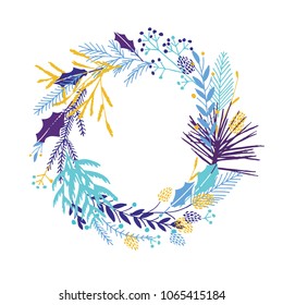 Cute and elegant vector floral round frame. Pastel tone plant circle winter badge and emblem. Christmas wreath.