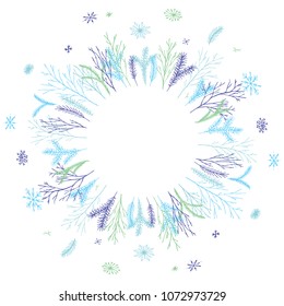 Cute and elegant vector floral round frame. Pastel tone plant circle badge and emblem. Christmas wreath.