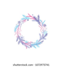 Cute and elegant vector floral round frame. Pastel tone plant circle winter badge and emblem. Christmas wreath.