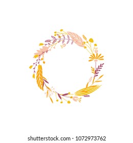 Cute and elegant vector floral round frame. Pastel tone plant circle badge and emblem. Summer and spring wreath.