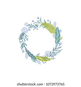 Cute and elegant vector floral round frame. Pastel tone plant circle badge and emblem. Summer and spring wreath.