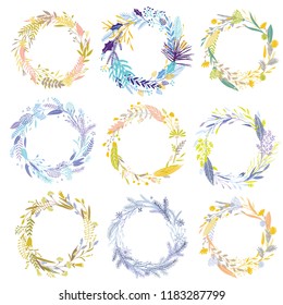 Cute and elegant vector floral round frames. Pastel tone plant circle badges and emblems. Summer autumn spring and winter wreaths. Wedding invitation decorative elements.