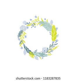 Cute and elegant vector floral round frame. Pastel tone plant circle badge and emblem. Summer and spring wreath.