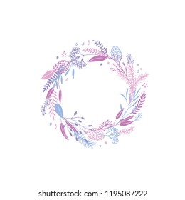 Cute and elegant vector floral round frame. Pastel tone plant circle winter badge and emblem. Christmas wreath.