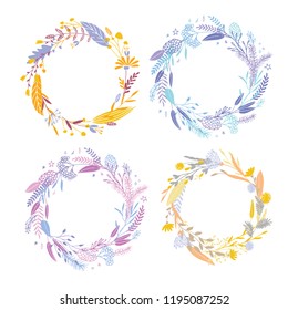 Cute and elegant vector floral round frames. Pastel tone plant circle badges and emblems. Summer autumn spring and winter wreaths. Wedding invitation decorative elements.