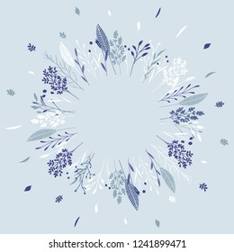 Cute and elegant vector floral round frame. Pastel tone plant circle badge and emblem. Christmas wreath.