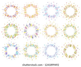 Cute and elegant vector floral round frames. Pastel tone plant circle badges and emblems. Summer spring autumn winter Christmas wreaths.