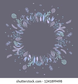 Cute and elegant vector floral round frame. Pastel tone plant circle badge and emblem. Christmas wreath.
