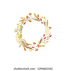 Cute and elegant vector floral round frame. Pastel tone plant circle badge and emblem. Summer and spring wreath.