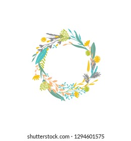 Cute and elegant vector floral round frame. Pastel tone plant circle badge and emblem. Summer and spring wreath.