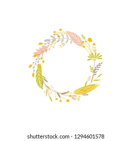 Cute and elegant vector floral round frame. Pastel tone plant circle badge and emblem. Summer and spring wreath.