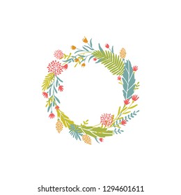 Cute and elegant vector floral round frame. Pastel tone plant circle badge and emblem. Summer and spring wreath.