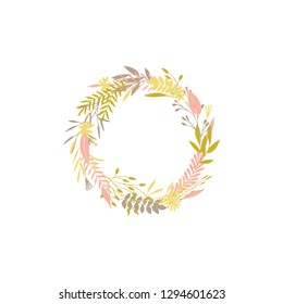 Cute and elegant vector floral round frame. Pastel tone plant circle badge and emblem. Summer and spring wreath.