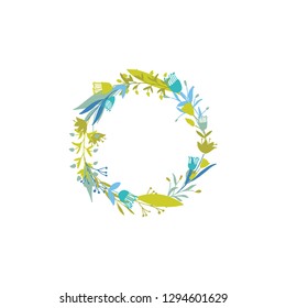 Cute and elegant vector floral round frame. Pastel tone plant circle badge and emblem. Summer and spring wreath.