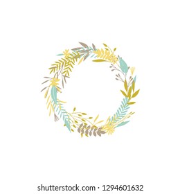 Cute and elegant vector floral round frame. Pastel tone plant circle badge and emblem. Summer and spring wreath.