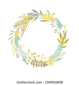 Cute and elegant vector floral round frame. Pastel tone plant circle badge and emblem. Summer and spring wreath.