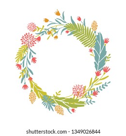Cute and elegant vector floral round frame. Pastel tone plant circle badge and emblem. Summer and spring wreath.