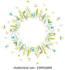 Cute and elegant vector floral round frame. Pastel tone plant circle badge and emblem. Summer and spring wreath.