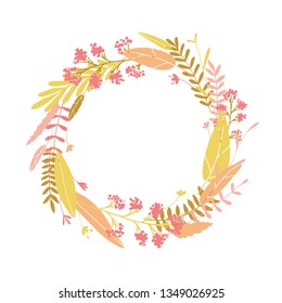 Cute and elegant vector floral round frame. Pastel tone plant circle badge and emblem. Summer and spring wreath.