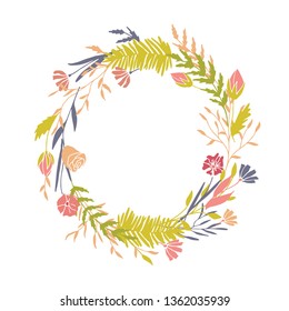 Cute and elegant vector floral round frame. Pastel tone plant circle badge and emblem. Summer and spring wreath.