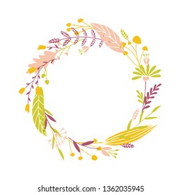 Marco redondo floral vectorial elegante. Insignia y emblema de la planta en tono pastoral. Corona de verano y primavera.