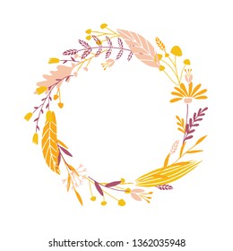 Cute and elegant vector floral round frame. Pastel tone plant circle badge and emblem. Summer and spring wreath.