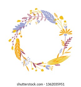 Cute and elegant vector floral round frame. Pastel tone plant circle badge and emblem. Summer and spring wreath.