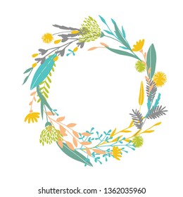 Cute and elegant vector floral round frame. Pastel tone plant circle badge and emblem. Summer and spring wreath.