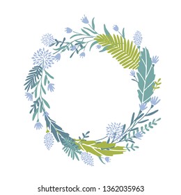 Cute and elegant vector floral round frame. Pastel tone plant circle badge and emblem. Summer and spring wreath.