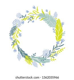 Cute and elegant vector floral round frame. Pastel tone plant circle badge and emblem. Summer and spring wreath.