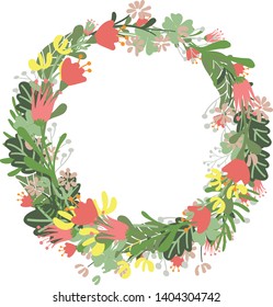 Cute and elegant vector floral round frame. Pastel tone plant circle badge and emblem. Summer and spring wreath. - Vector 