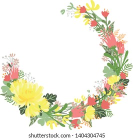 Cute and elegant vector floral round frame. Pastel tone plant circle badge and emblem. Summer and spring wreath. - Vector 